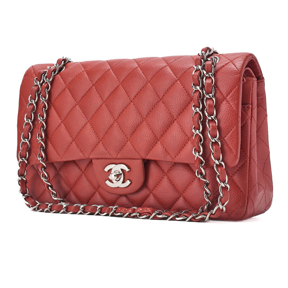 CHANEL Caviar Skin Matelasse Double Flap Chain Shoulder Red Silver-Tone Hardware, Pre-Owned