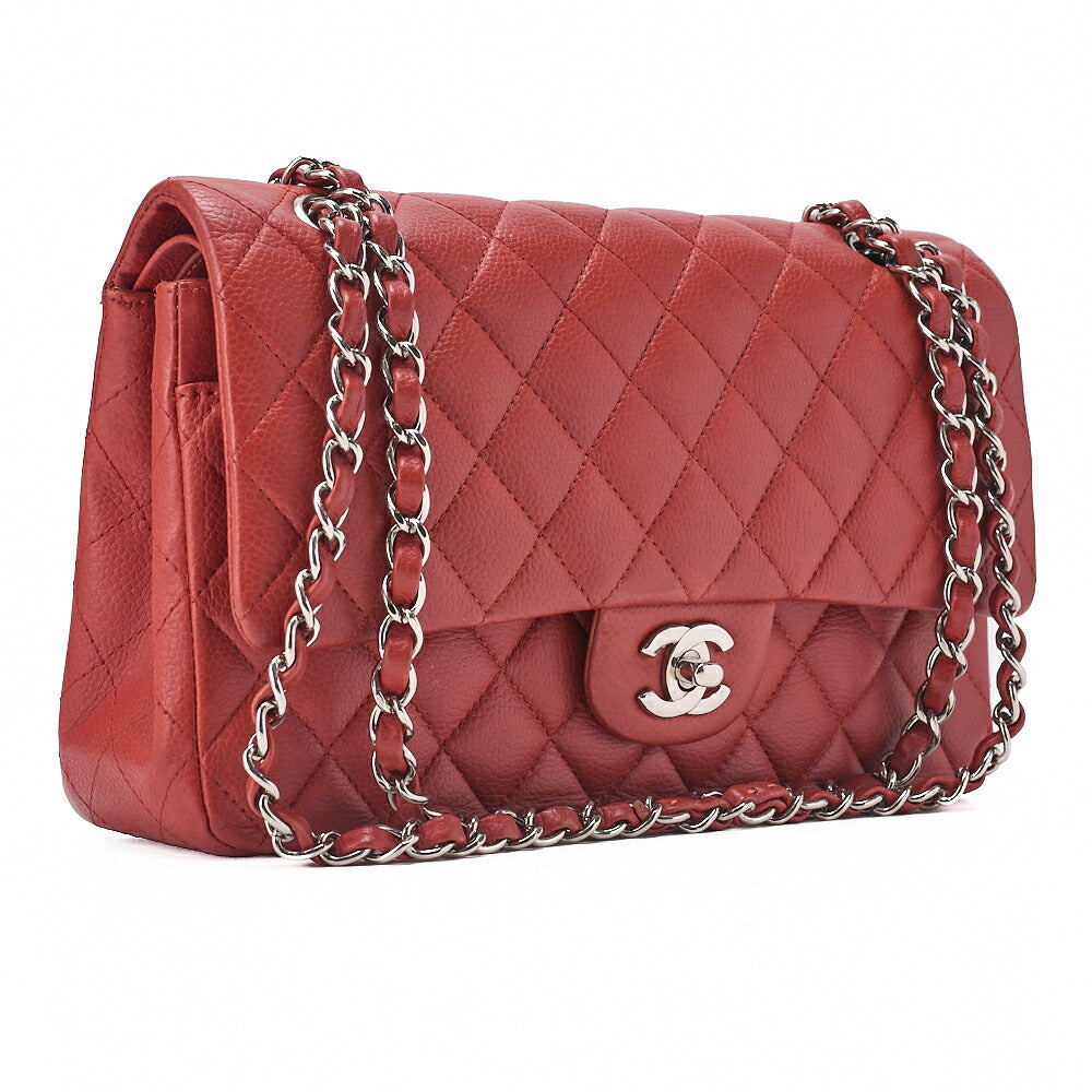 CHANEL Caviar Skin Matelasse Double Flap Chain Shoulder Red Silver-Tone Hardware, Pre-Owned