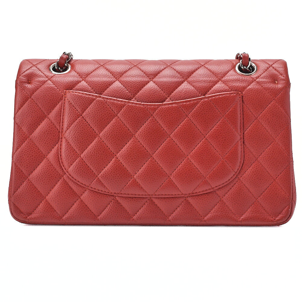 CHANEL Caviar Skin Matelasse Double Flap Chain Shoulder Red Silver-Tone Hardware, Pre-Owned