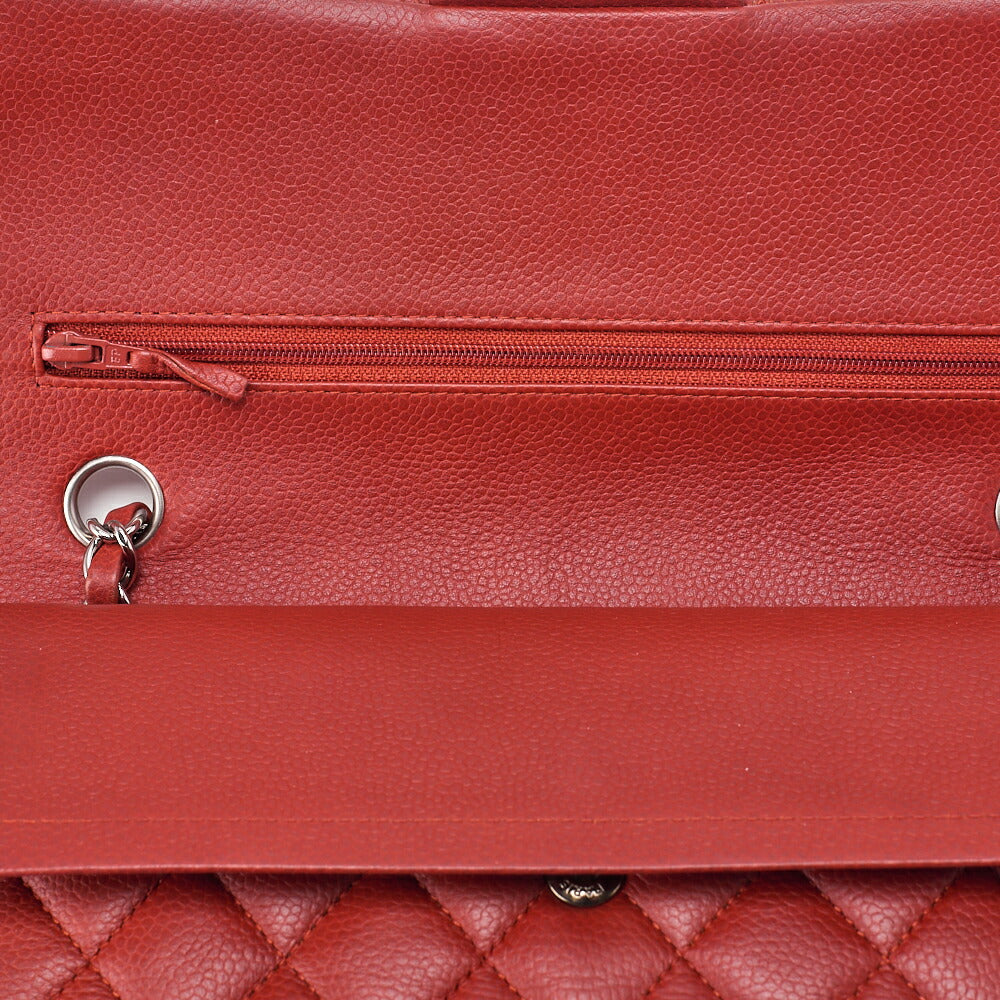 CHANEL Caviar Skin Matelasse Double Flap Chain Shoulder Red Silver-Tone Hardware, Pre-Owned