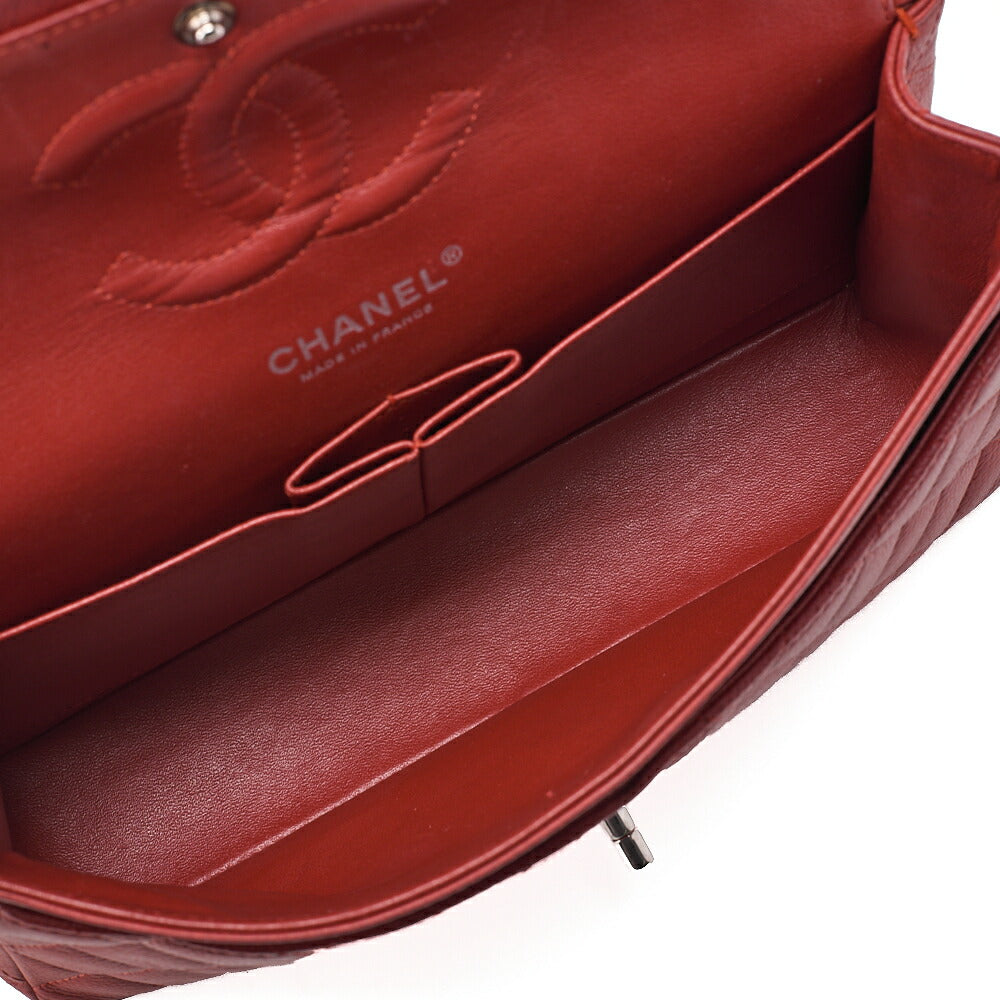 CHANEL Caviar Skin Matelasse Double Flap Chain Shoulder Red Silver-Tone Hardware, Pre-Owned