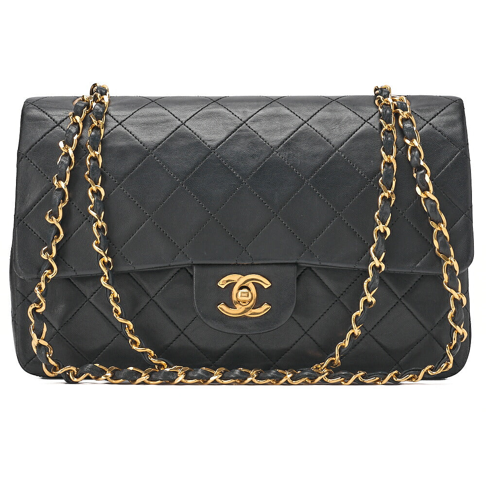 CHANEL Lambskin Matelasse Double Flap 25cm Chain Shoulder Black Gold -Tone Hardware, Pre-Owned