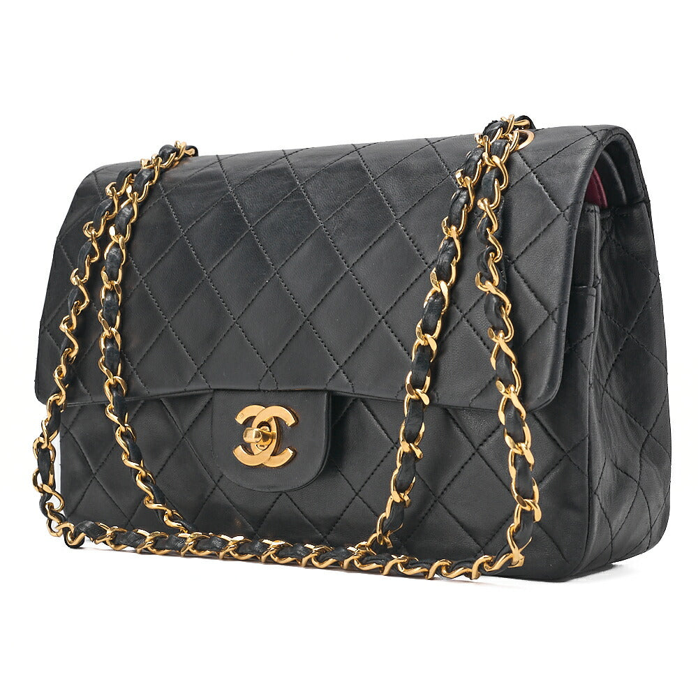 CHANEL Lambskin Matelasse Double Flap 25cm Chain Shoulder Black Gold -Tone Hardware, Pre-Owned