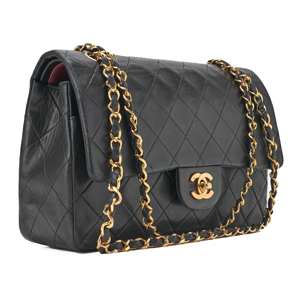CHANEL Lambskin Matelasse Double Flap 25cm Chain Shoulder Black Gold -Tone Hardware, Pre-Owned