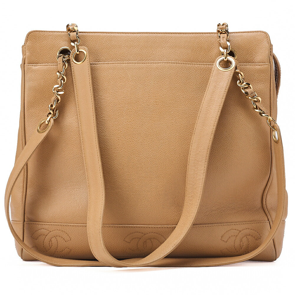 CHANEL Caviar Skin Triple Coco W Chain Shoulder Beige Gold -Tone Hardware, Pre-Owned
