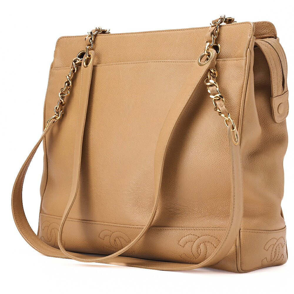 CHANEL Caviar Skin Triple Coco W Chain Shoulder Beige Gold -Tone Hardware, Pre-Owned
