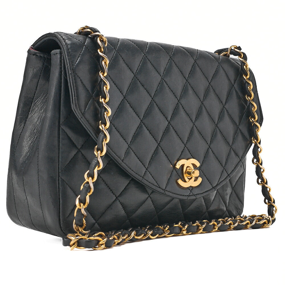 CHANEL Chain Shoulder Bag Matelasse Round Flap Lambskin Black Gold-Tone Hardware, Pre-Owned