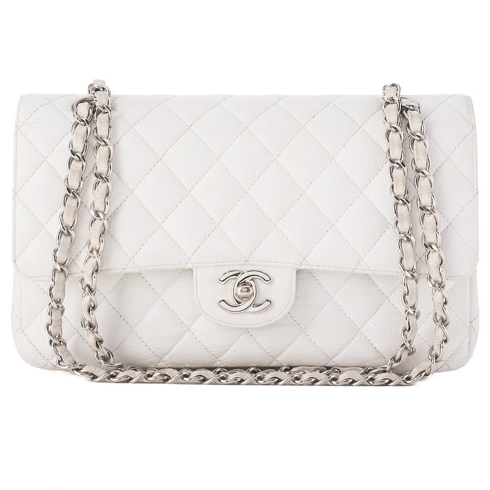 CHANEL Caviar Skin Matelasse W Flap Shoulder Bag White Silver-Tone Hardware, Pre-Owned