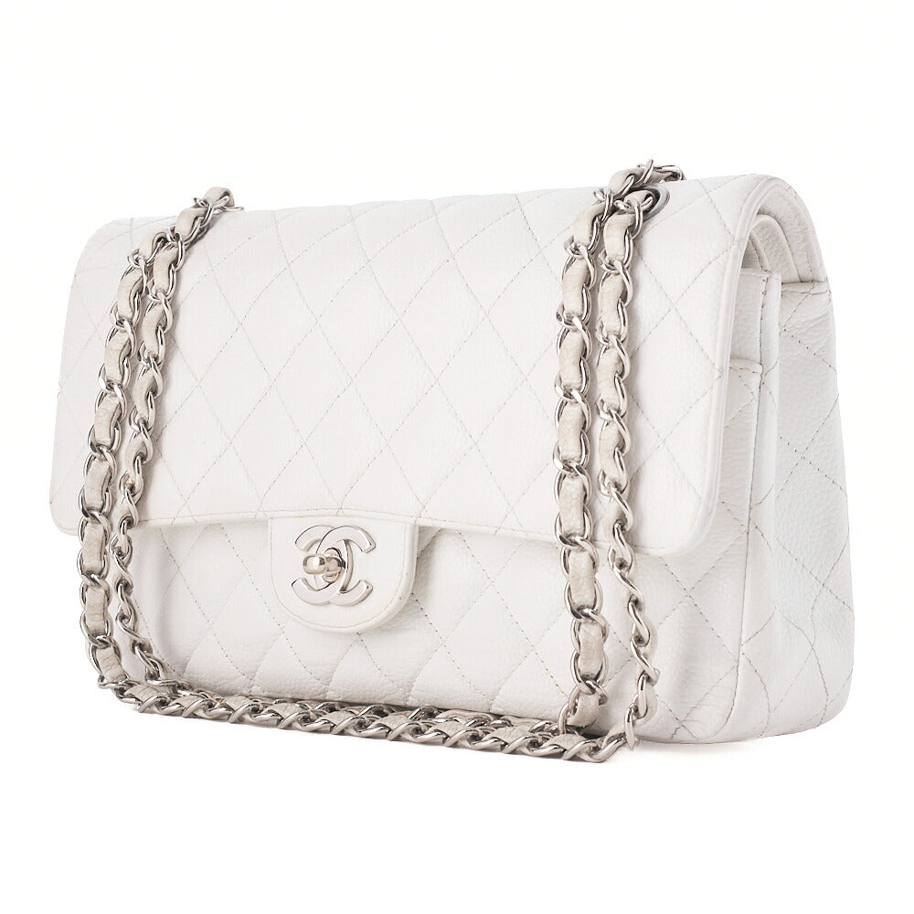 CHANEL Caviar Skin Matelasse W Flap Shoulder Bag White Silver-Tone Hardware, Pre-Owned