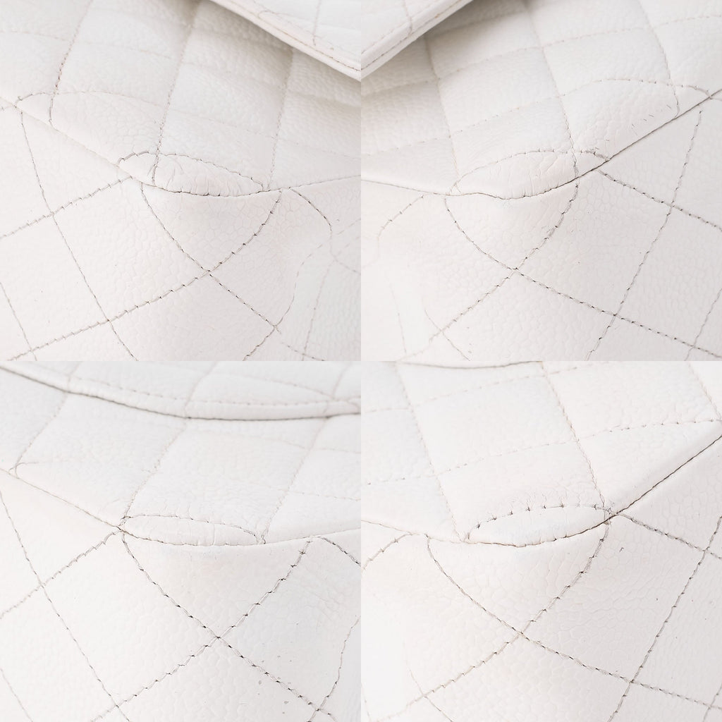 CHANEL Caviar Skin Matelasse W Flap Shoulder Bag White Silver-Tone Hardware, Pre-Owned