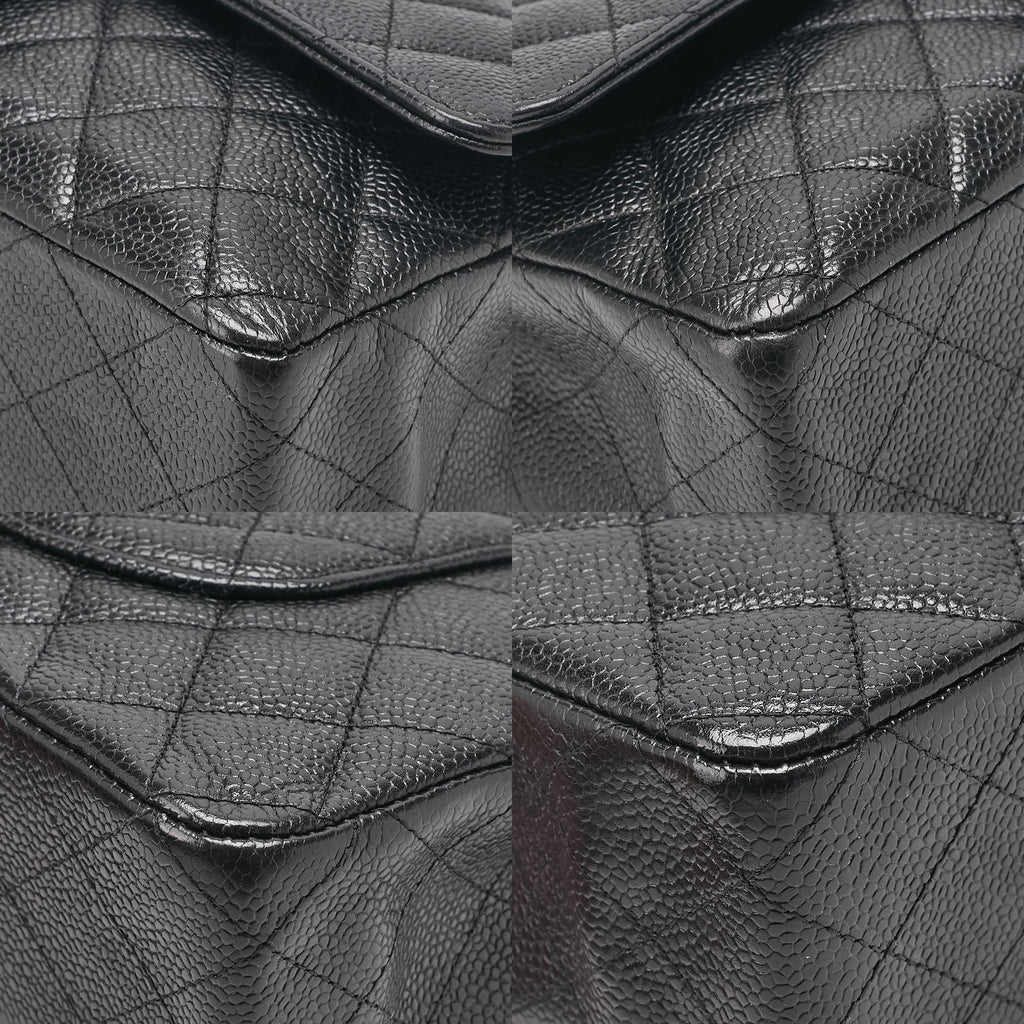 CHANEL Caviar Skin Matelasse Double Flap 25cm Chain Shoulder Black Silver-Tone Hardware, Pre-Owned