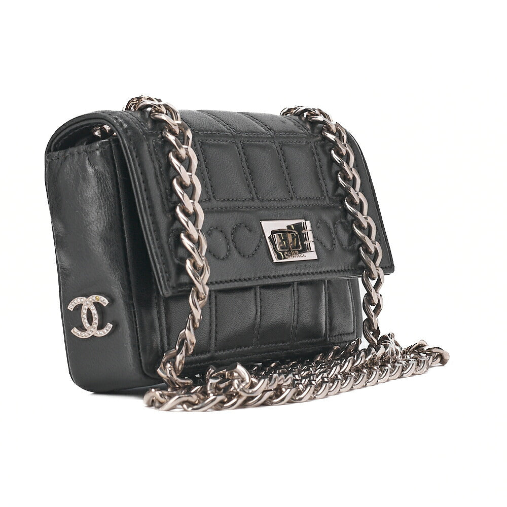 CHANEL Chanel Chocolate Bar 2.55 Turnlock Rhinestone Coco Chain Shoulder Lambskin Black Silver -Tone Hardware, Pre-Owned