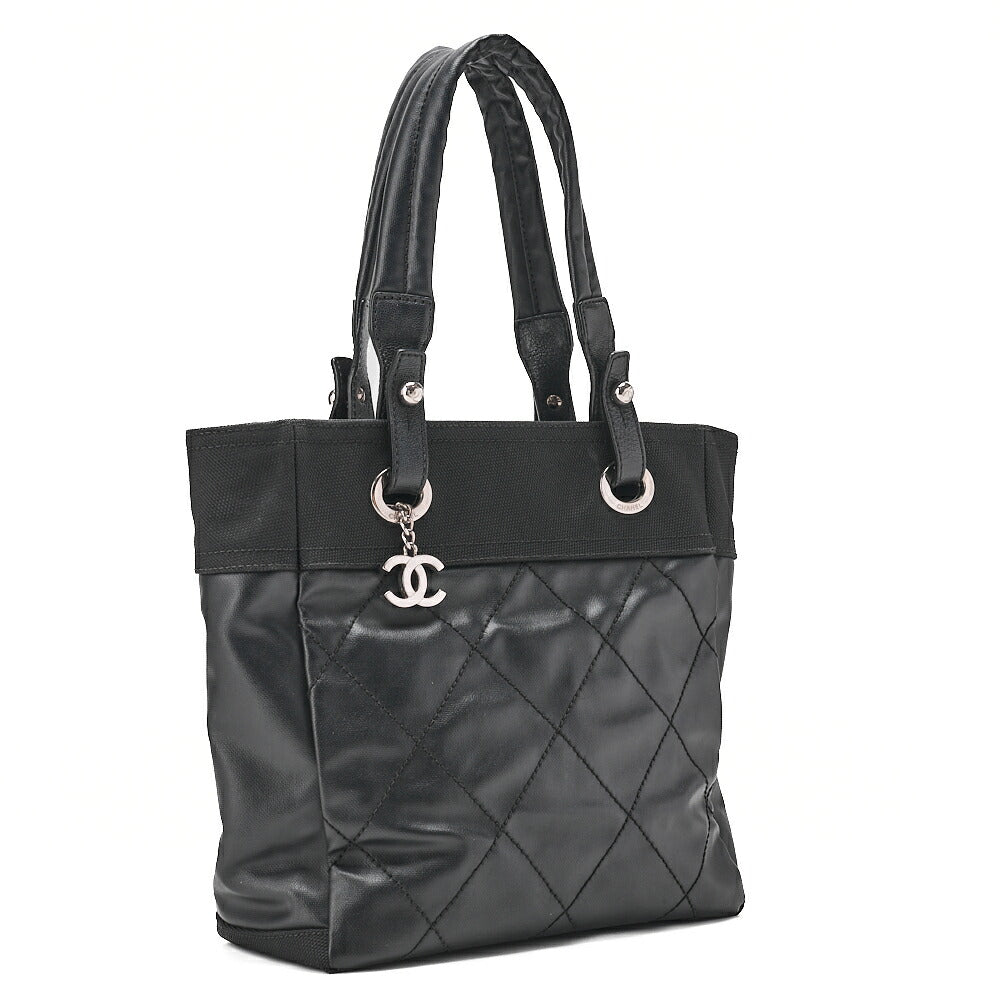 CHANEL Tote Bag Coated Canvas Paris Ritz PM Coco Charm Black Silver-Tone Hardware, Pre-Owned