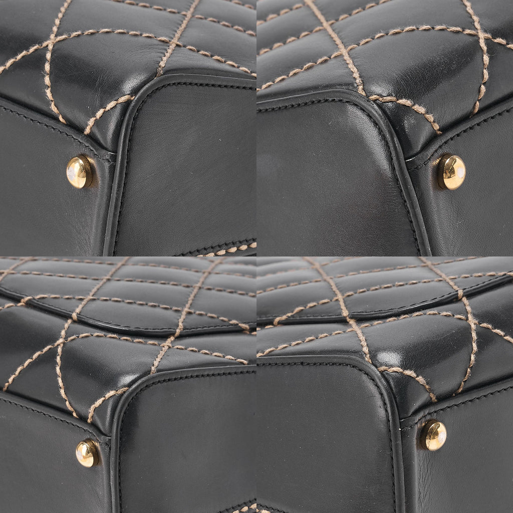 CHANEL Coco Mark Wild Stitch Handbag Calf Leather Black Gold-Tone Hardware, Pre-Owned