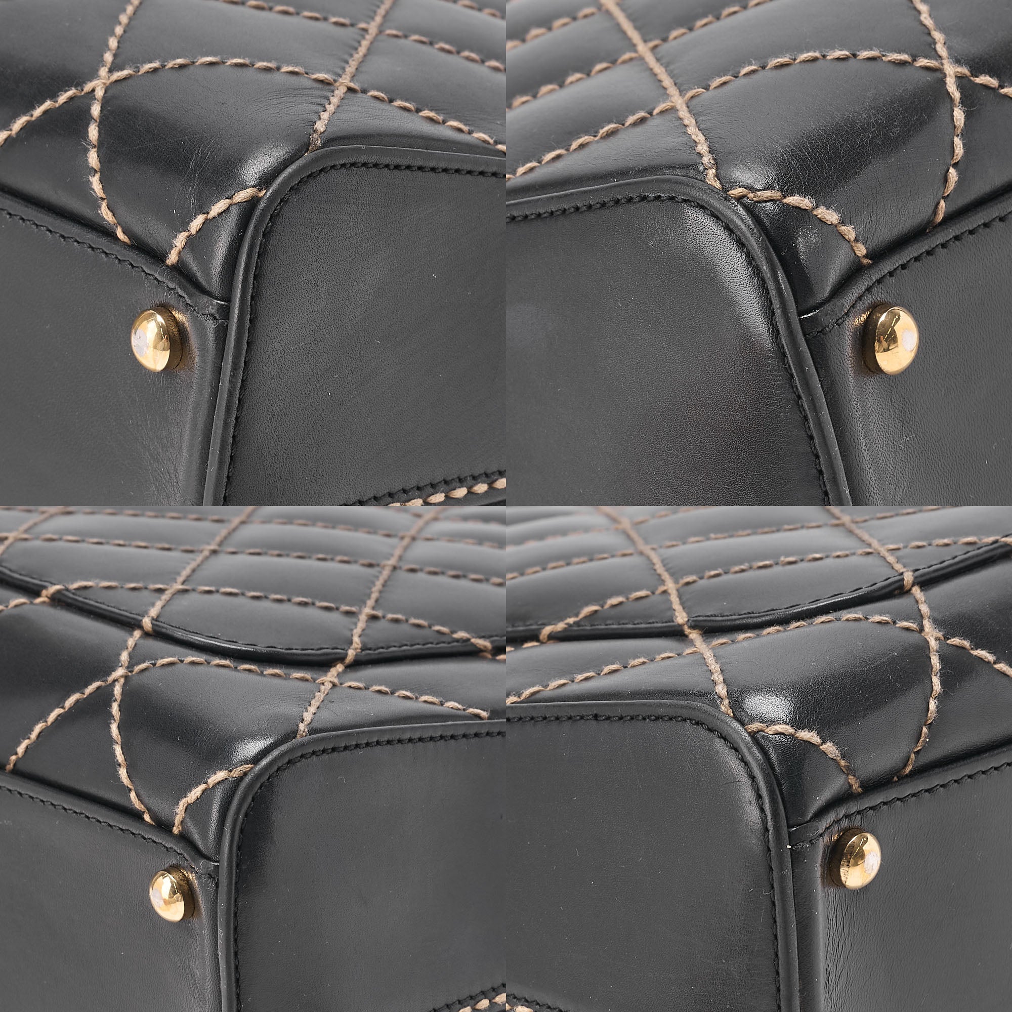CHANEL Coco Mark Wild Stitch Handbag Calf Leather Black Gold-Tone Hardware, Pre-Owned