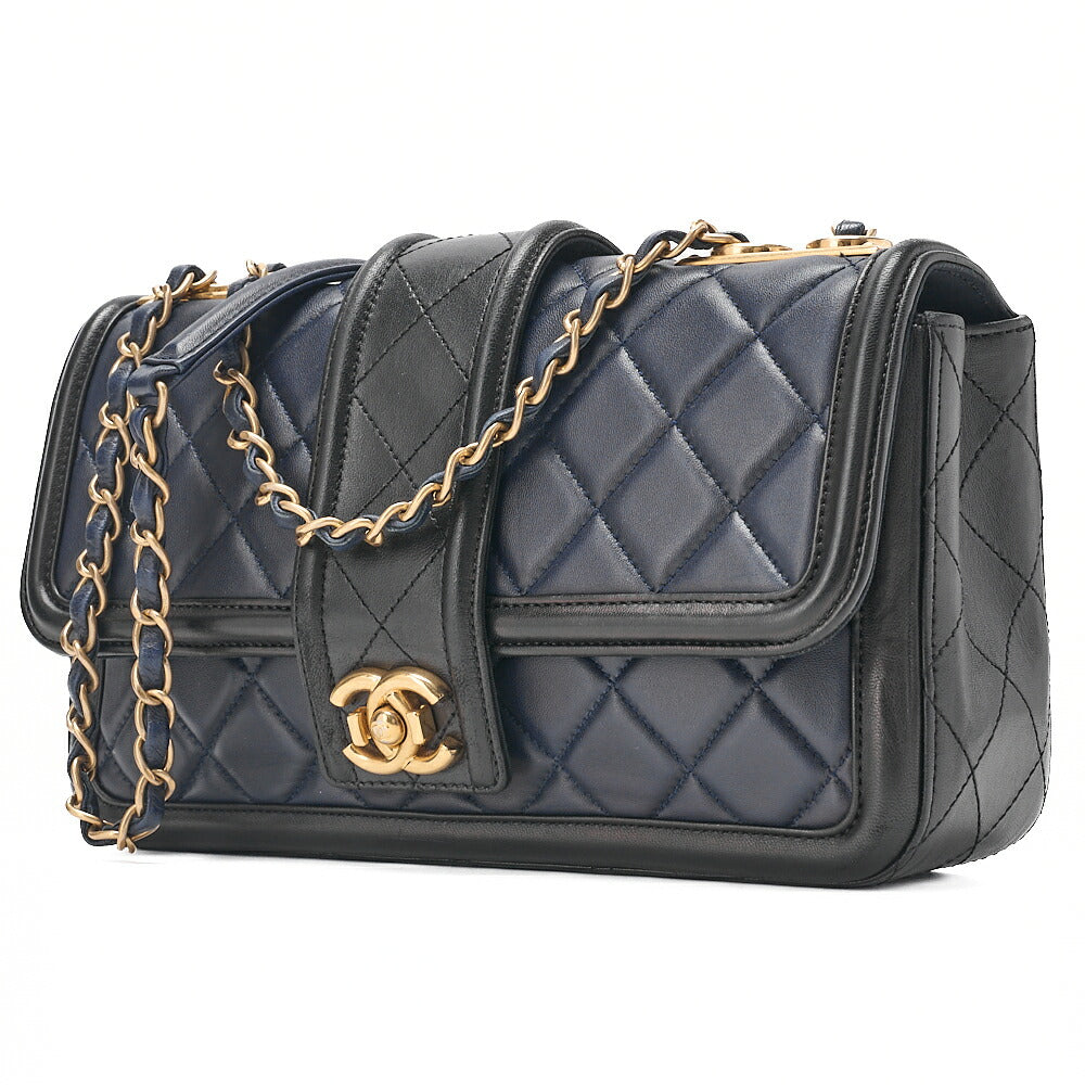CHANEL Lambskin Boy Chanel Single Chain Shoulder  Black x Navy Gold-Tone Hardware, Pre-Owned