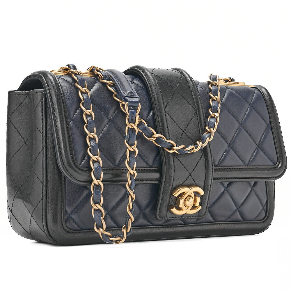 CHANEL Lambskin Boy Chanel Single Chain Shoulder  Black x Navy Gold-Tone Hardware, Pre-Owned