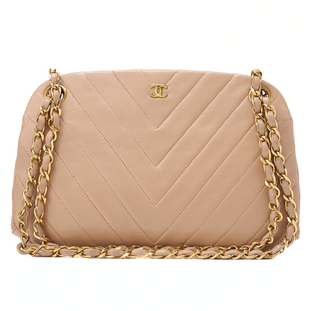 CHANEL Lambskin V-Stitch Chevron Mouth Chain Shoulder Beige Gold-Tone Hardware, Pre-Owned