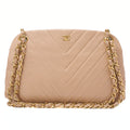 CHANEL Lambskin V-Stitch Chevron Mouth Chain Shoulder Beige Gold-Tone Hardware, Pre-Owned