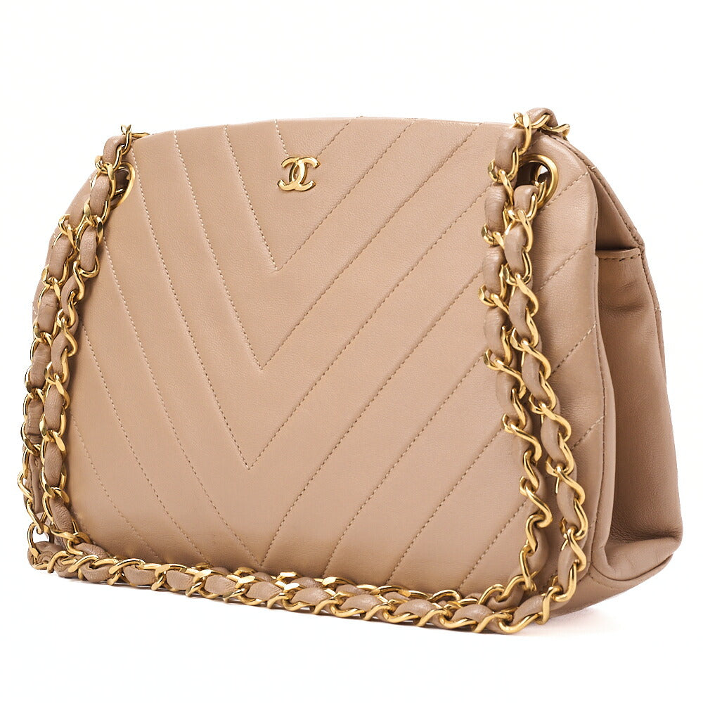 CHANEL Lambskin V-Stitch Chevron Mouth Chain Shoulder Beige Gold-Tone Hardware, Pre-Owned