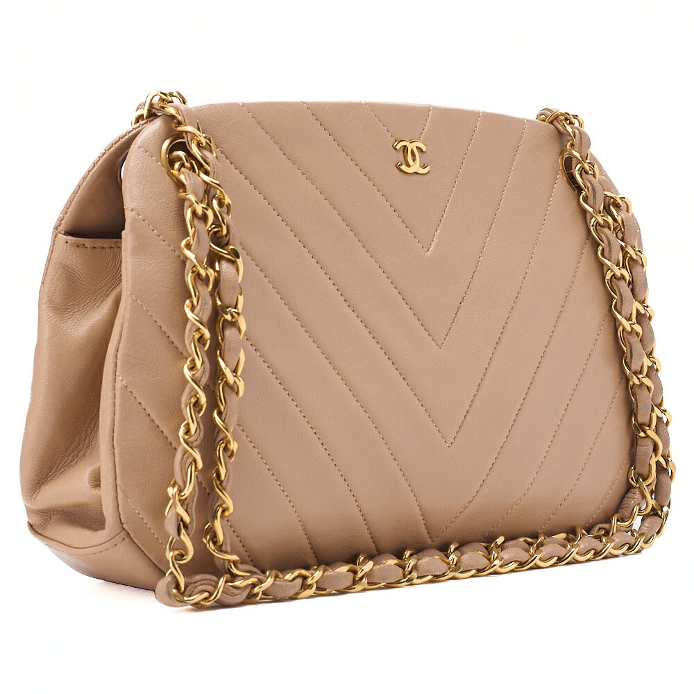 CHANEL Lambskin V-Stitch Chevron Mouth Chain Shoulder Beige Gold-Tone Hardware, Pre-Owned