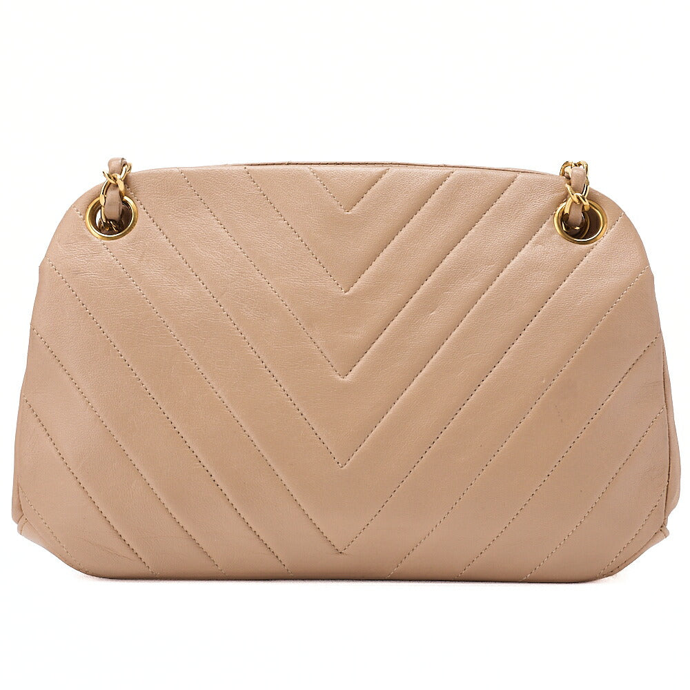 CHANEL Lambskin V-Stitch Chevron Mouth Chain Shoulder Beige Gold-Tone Hardware, Pre-Owned