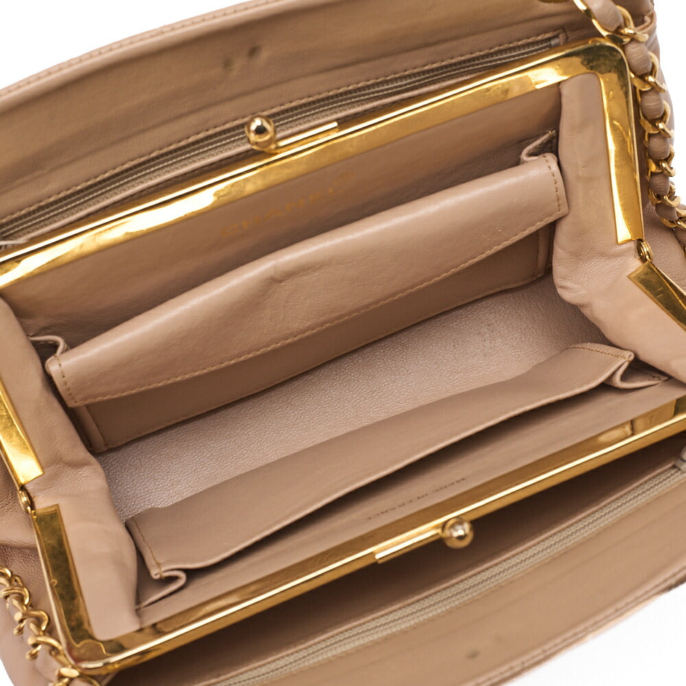 CHANEL Lambskin V-Stitch Chevron Mouth Chain Shoulder Beige Gold-Tone Hardware, Pre-Owned
