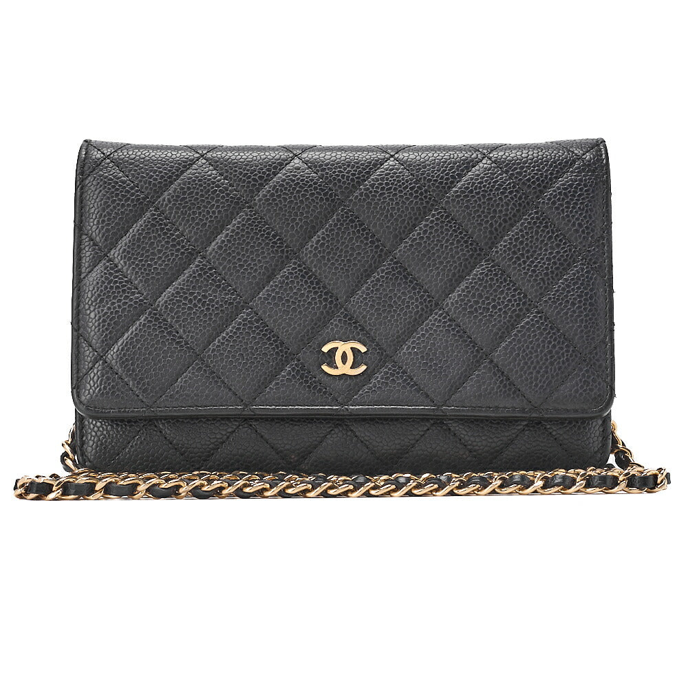 CHANEL Matelasse Chain Wallet Caviar Skin Black Gold -Tone Hardware, Pre-Owned