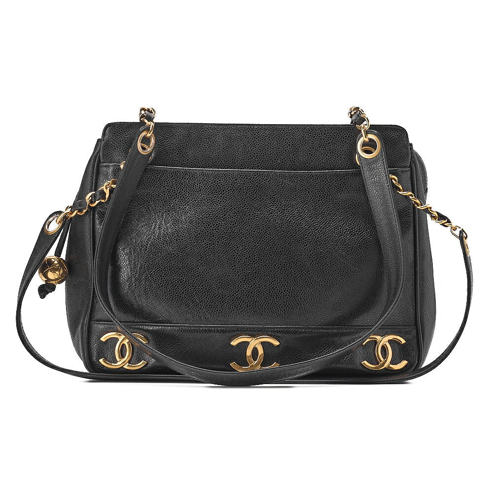 CHANEL Caviar Skin Triple Coco with Ball Charm W Chain Shoulder Black Gold -Tone Hardware, Pre-Owned
