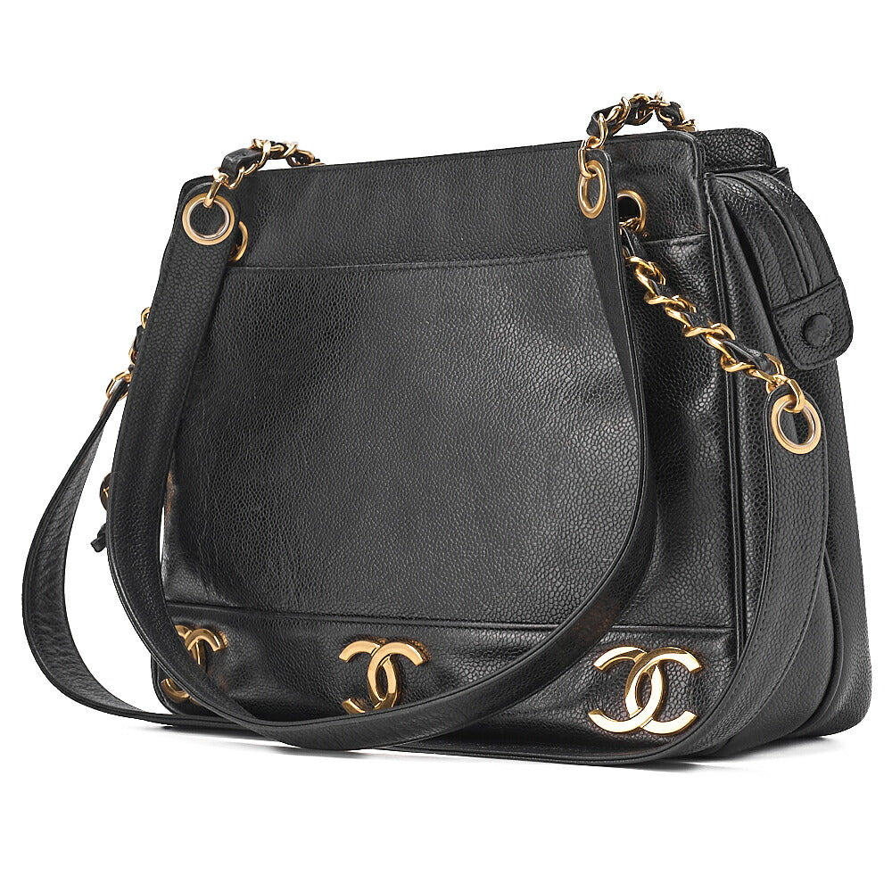 CHANEL Caviar Skin Triple Coco with Ball Charm W Chain Shoulder Black Gold -Tone Hardware, Pre-Owned