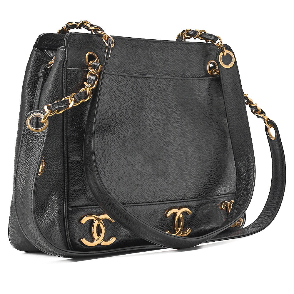 CHANEL Caviar Skin Triple Coco with Ball Charm W Chain Shoulder Black Gold -Tone Hardware, Pre-Owned