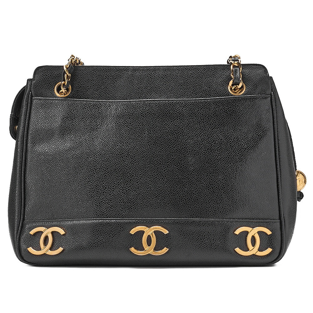 CHANEL Caviar Skin Triple Coco with Ball Charm W Chain Shoulder Black Gold -Tone Hardware, Pre-Owned