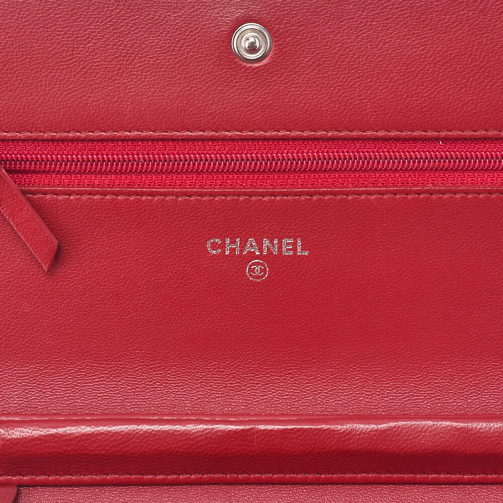 CHANEL Shoulder Bag Chain Wallet Lambskin Red Silver-Tone Hardware, Pre-Owned