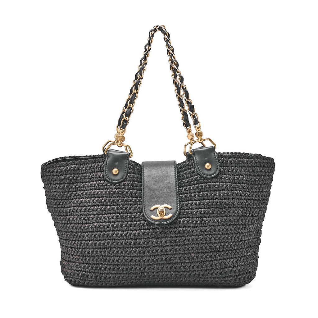 CHANEL Coco Mark Raffia x Leather Chain Tote Bag Turnlock Navy Gold -Tone Hardware, Pre-Owned