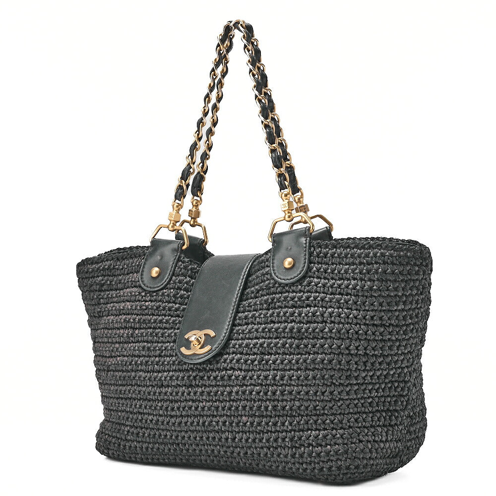 CHANEL Coco Mark Raffia x Leather Chain Tote Bag Turnlock Navy Gold -Tone Hardware, Pre-Owned