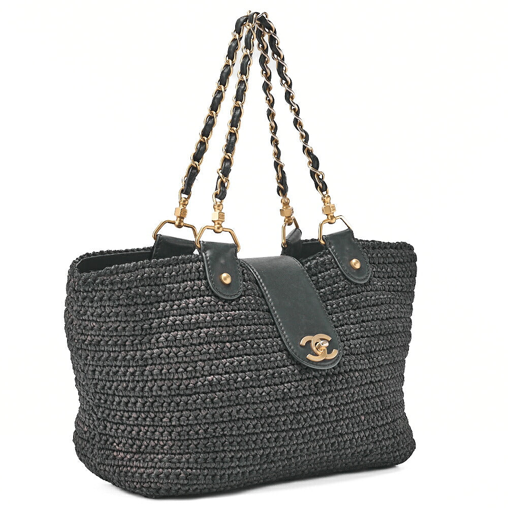 CHANEL Coco Mark Raffia x Leather Chain Tote Bag Turnlock Navy Gold -Tone Hardware, Pre-Owned