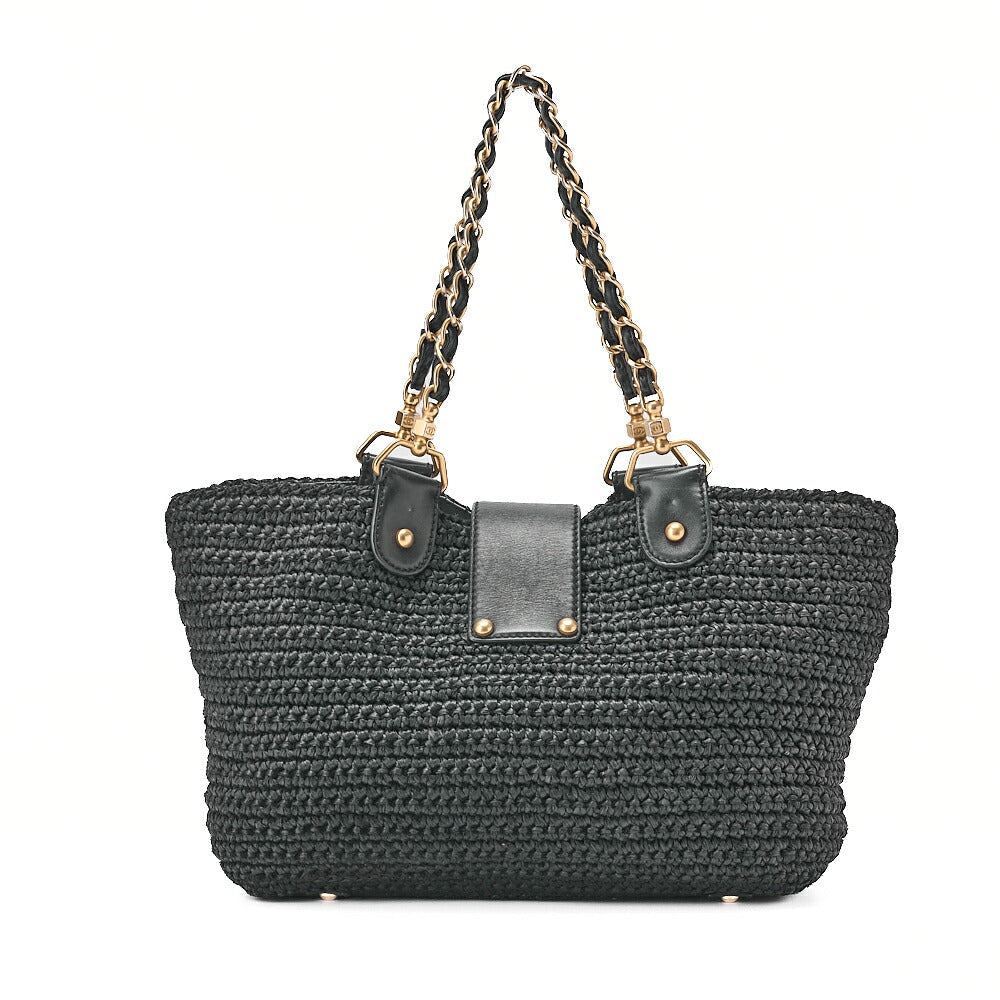 CHANEL Coco Mark Raffia x Leather Chain Tote Bag Turnlock Navy Gold -Tone Hardware, Pre-Owned