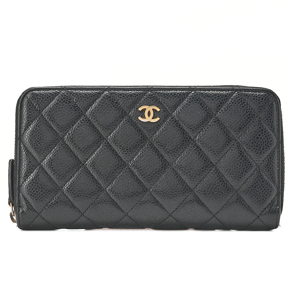 CHANEL Matelasse Round Long Wallet Caviar Skin Black Gold -Tone Hardware, Pre-Owned