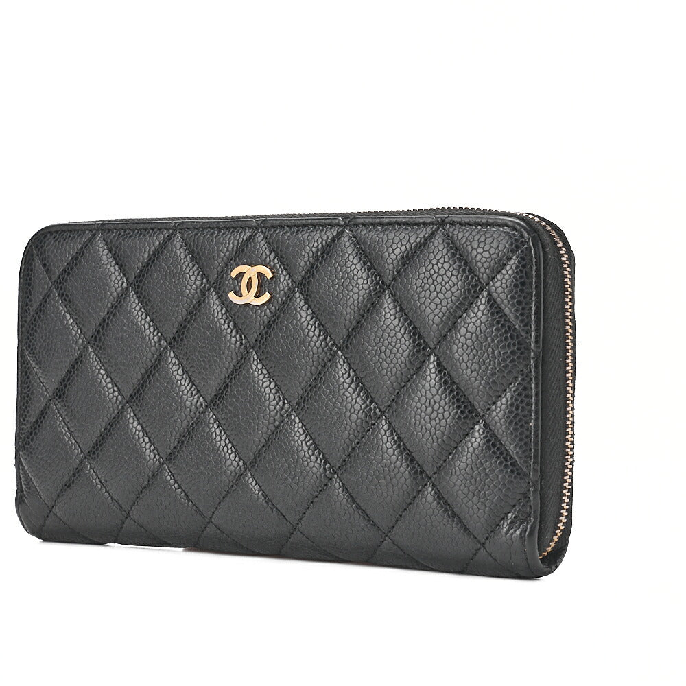 CHANEL Matelasse Round Long Wallet Caviar Skin Black Gold -Tone Hardware, Pre-Owned