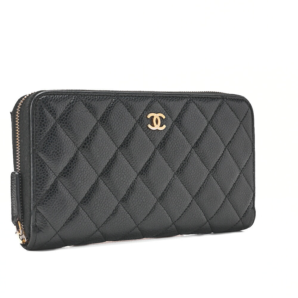 CHANEL Matelasse Round Long Wallet Caviar Skin Black Gold -Tone Hardware, Pre-Owned