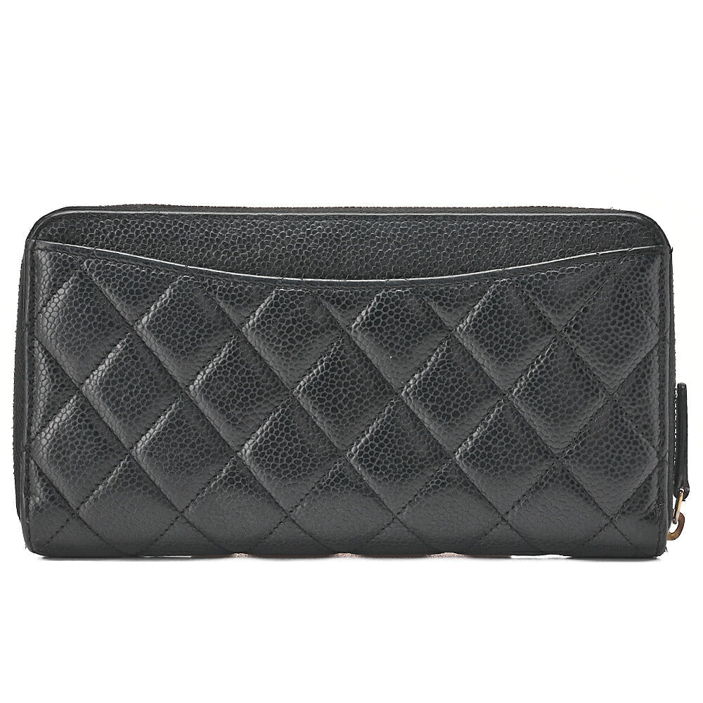 CHANEL Matelasse Round Long Wallet Caviar Skin Black Gold -Tone Hardware, Pre-Owned