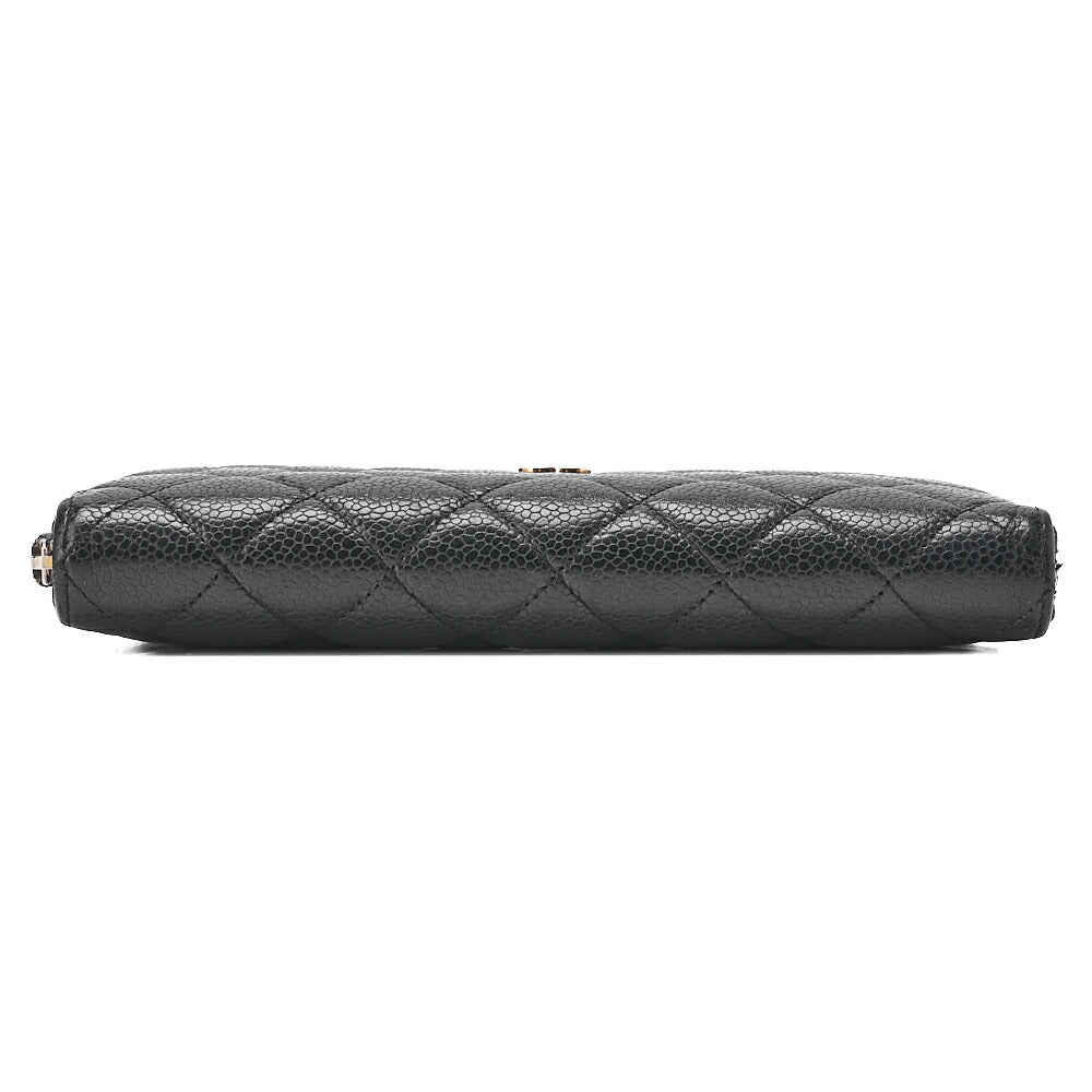 CHANEL Matelasse Round Long Wallet Caviar Skin Black Gold -Tone Hardware, Pre-Owned