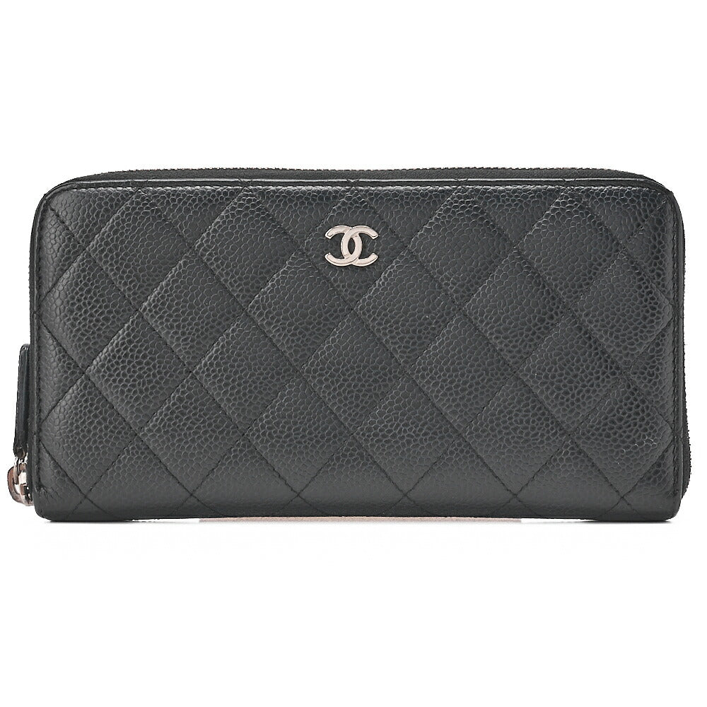 CHANEL Matelasse Round Long Wallet Caviar Skin Black Silver-Tone Hardware, Pre-Owned