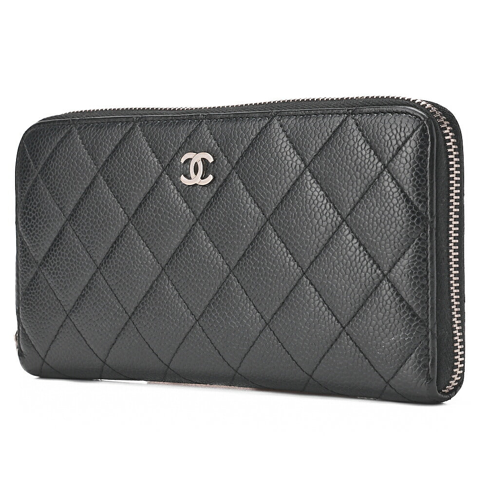 CHANEL Matelasse Round Long Wallet Caviar Skin Black Silver-Tone Hardware, Pre-Owned