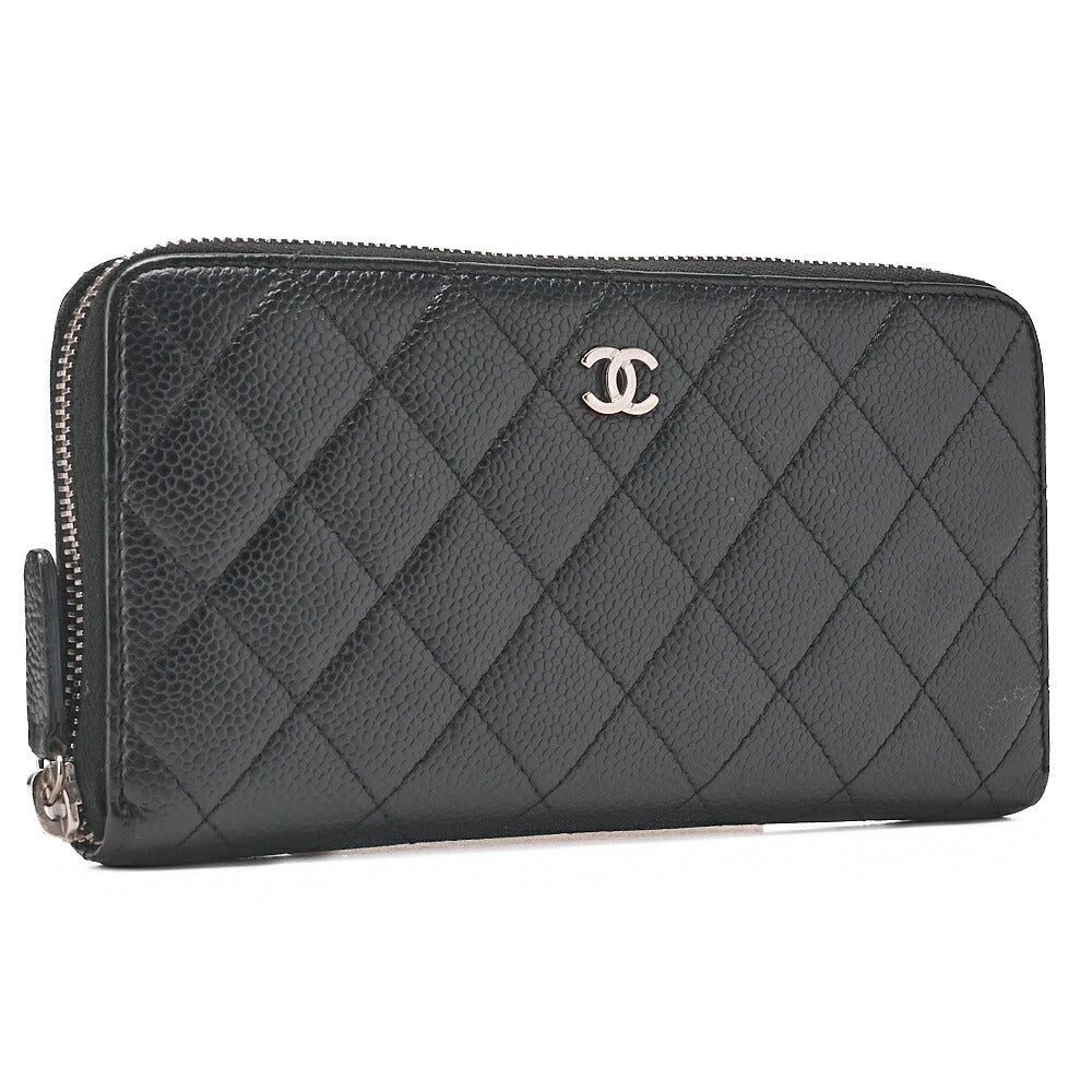 CHANEL Matelasse Round Long Wallet Caviar Skin Black Silver-Tone Hardware, Pre-Owned
