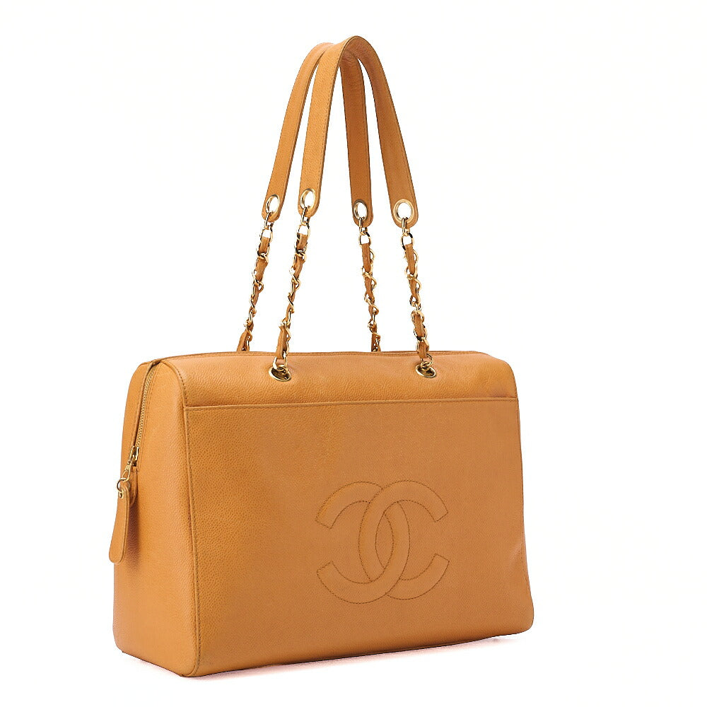 CHANEL Shoulder Bag Tote Bag Coco Mark Double Chain Shoulder Caviar Skin Yellow Gold-Tone Hardware, Pre-Owned