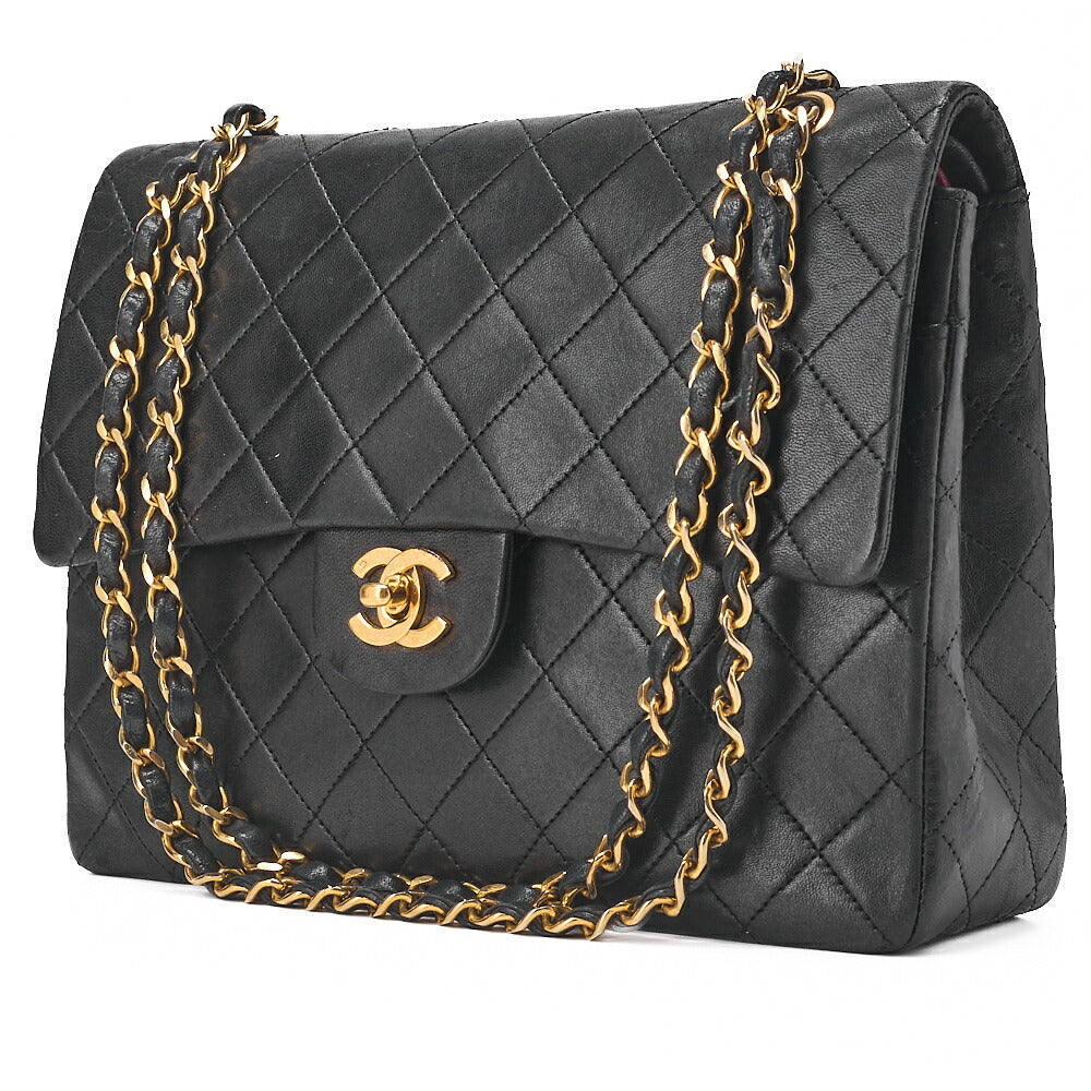 CHANEL Lambskin Matelasse Double Flap 25cm Square Chain Shoulder Black Gold-Tone Hardware, Pre-Owned
