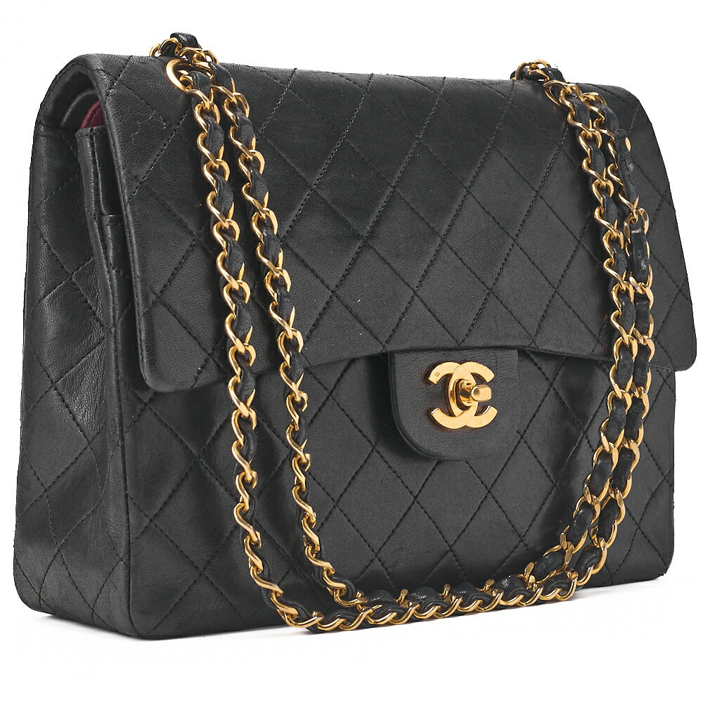CHANEL Lambskin Matelasse Double Flap 25cm Square Chain Shoulder Black Gold-Tone Hardware, Pre-Owned