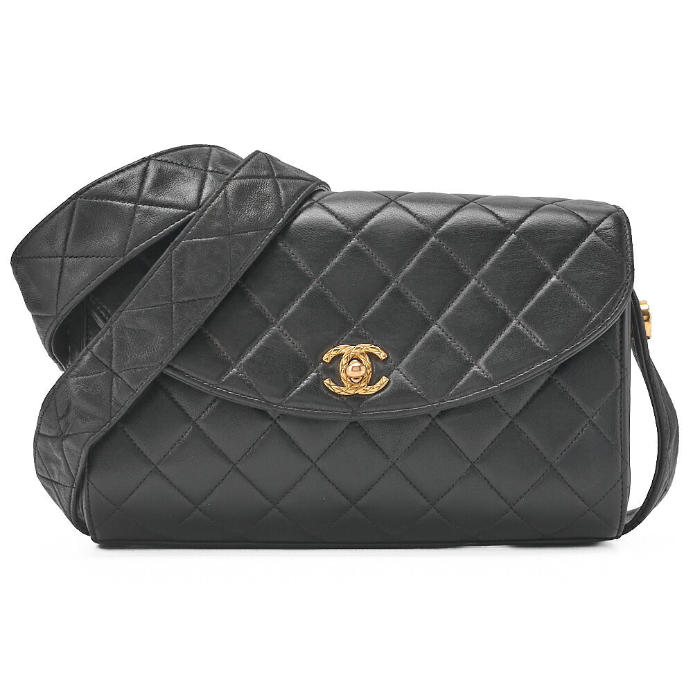 CHANEL Handbag Matelasse Round Flap One Shoulder Bag Single Lambskin Black Gold-Tone Hardware, Pre-Owned