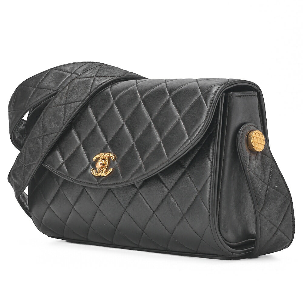 CHANEL Handbag Matelasse Round Flap One Shoulder Bag Single Lambskin Black Gold-Tone Hardware, Pre-Owned
